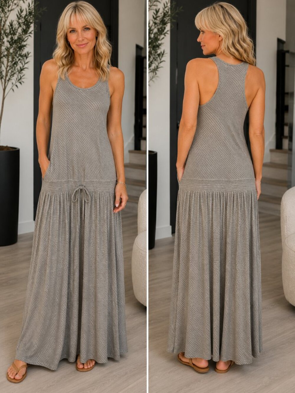 Michael Stars Striped Maxi Dress | Tall Medium | NWT | Gray &‎ White | A-1820